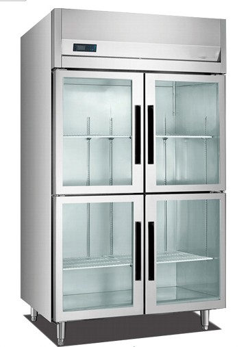 La cuisine de approvisionnement industrielle droite d'acier inoxydable de réfrigérateur montrent la porte quatre en verre
